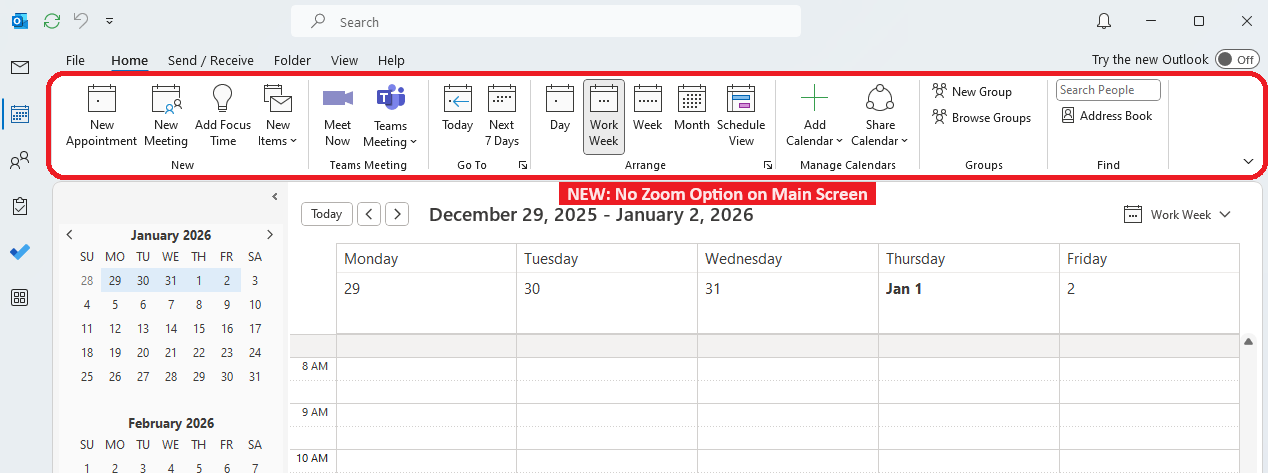 Outlook Calendar screen showing no Zoom option on the toolbar.