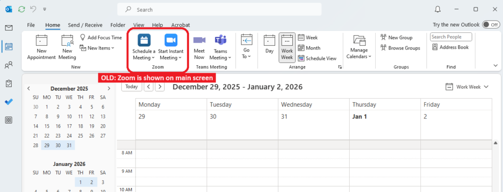 Full Outlook Calendar view showing the old Zoom plugin on the toolbar.