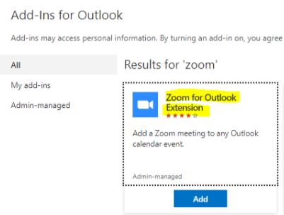 Image showing the Add-Ins for Outlook screen with the Zoom for Outlook Extension in the search results.