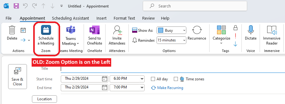 Screenshot of an Outlook Event window with the old Zoom option on the left side.