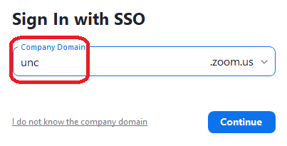 Sign In with SSO screen asking for UNC as the Company Domain.