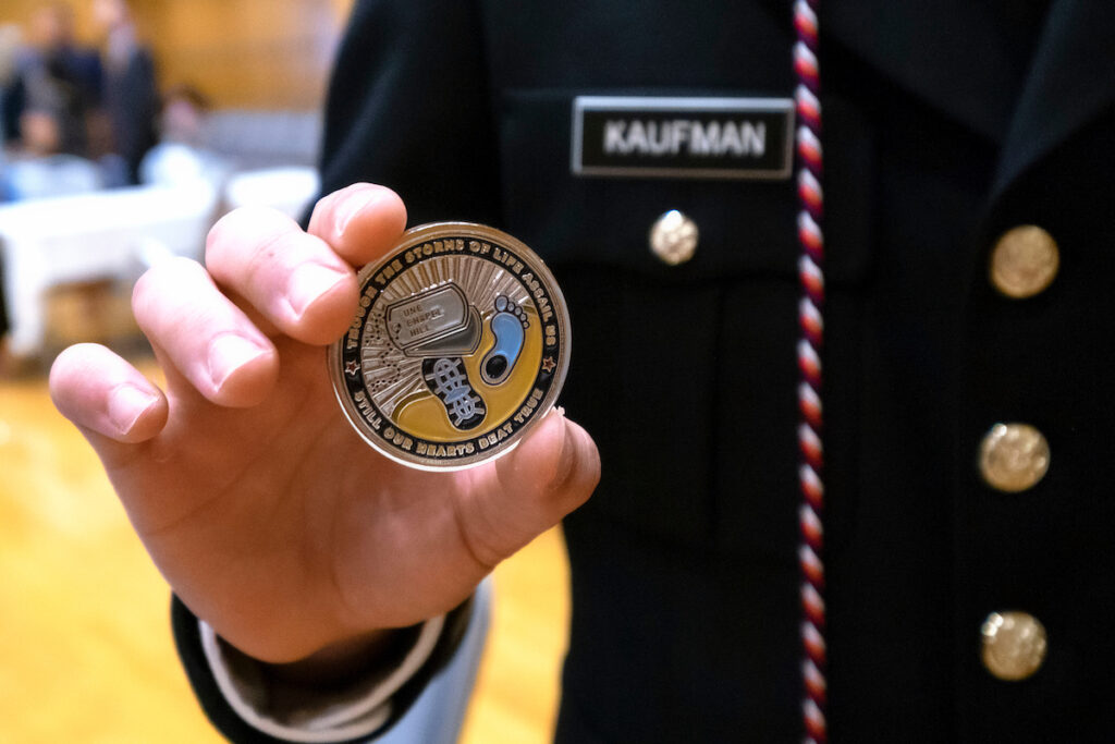 A close-up photo of a challenge coin